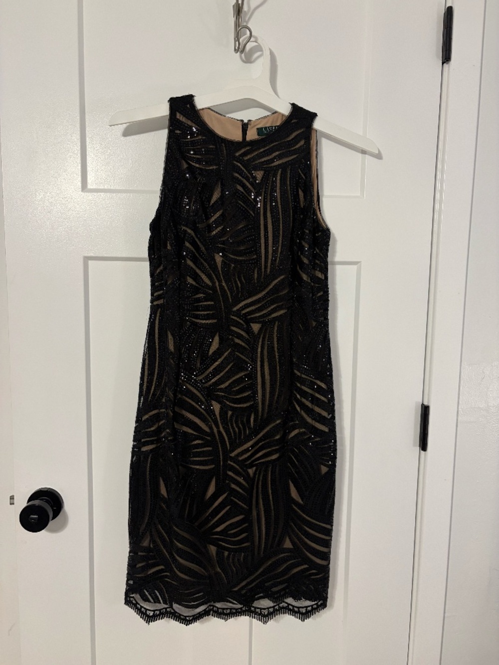 Lauren Ralph Lauren Evening Dress Womens Black Beige Sequin Lace Formal Party 8